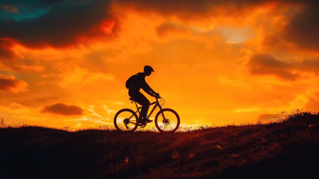 Silhouette of bike rider on the hill at sunset