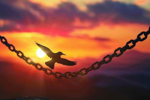자유 를 상징 하는 활기찬 일몰 하늘 에 대비 하여 자유롭게 날아다니는 새 의 실루