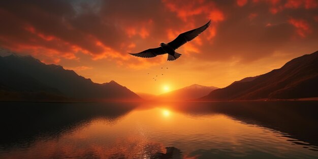 Silhouette of bird flying on sunset background with river and mountain landscape Generative AI