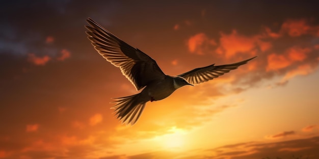 Silhouette of bird flying on sunset orange sky background Generative AI