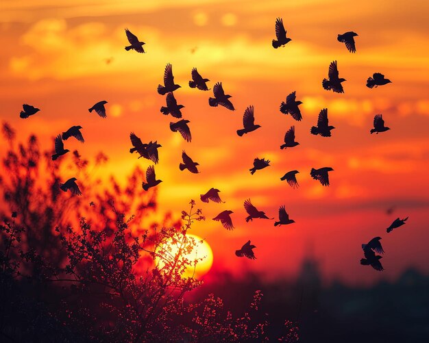 Photo silhouette of birds flying at dusk