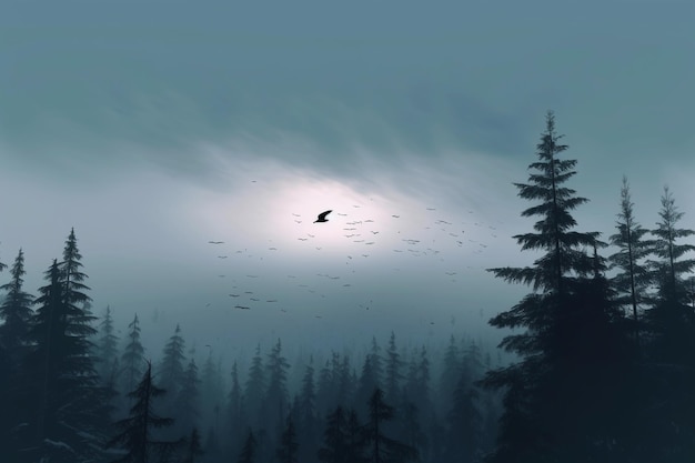 силуэт птиц, летящих в туманном лесу, птиц, летящих в волшебном лесу, фэнтезийный пейзаж