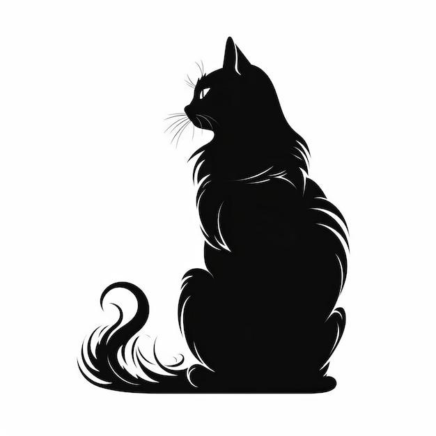 白い背景に座っているシルエットの黒猫