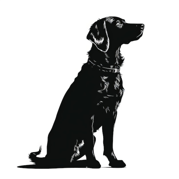 A silhouette black dog sitting on a white background