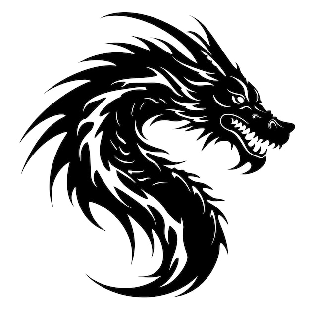 A silhouette black dragon head with sharp teeth