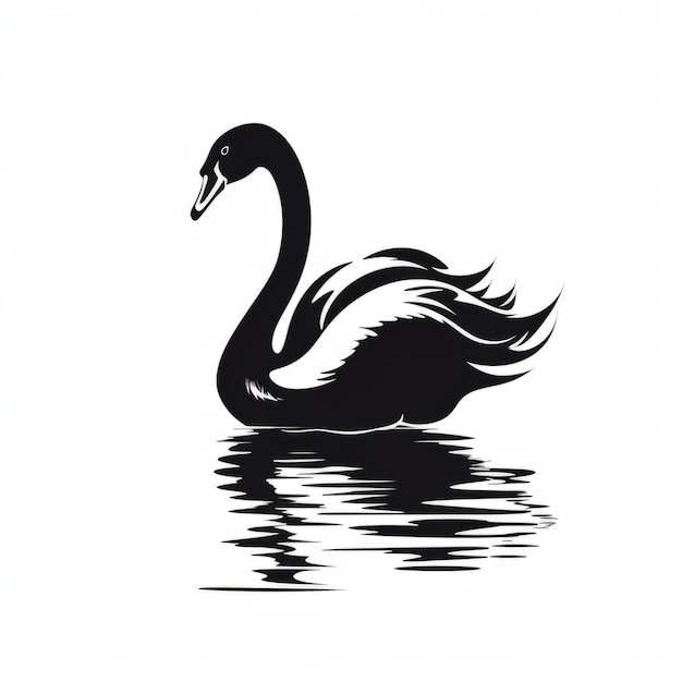 A silhouette black swan is swimming in the water