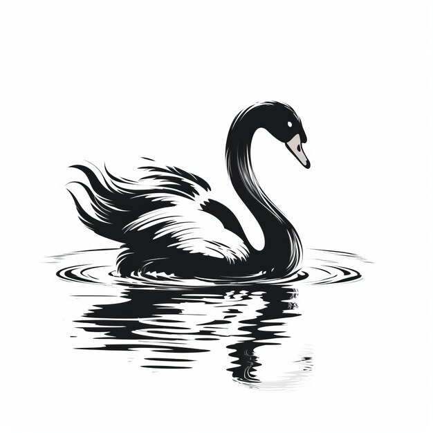 A silhouette black swan swimming in a lake with its wings spread