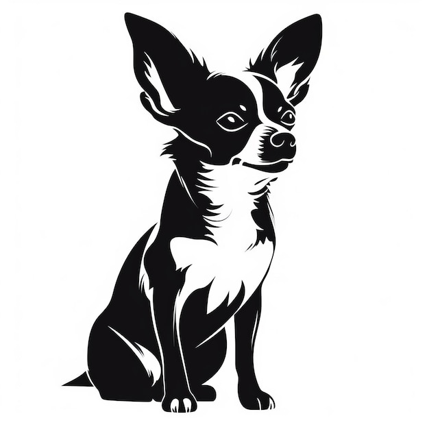 A silhouette black and white dog sitting on a white background