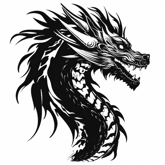 A silhouette black and white drawing of a dragon