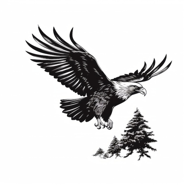 Photo a silhouette black and white drawing of an eagle flying over a pine tree