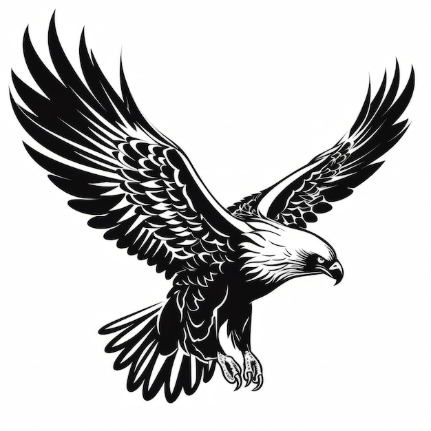 A silhouette black and white eagle flying with its wings spread
