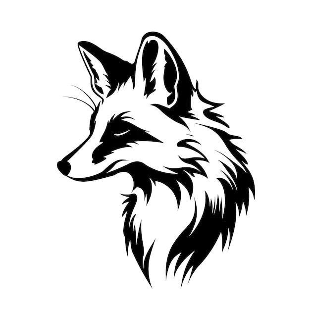 A silhouette black and white fox head on a white background