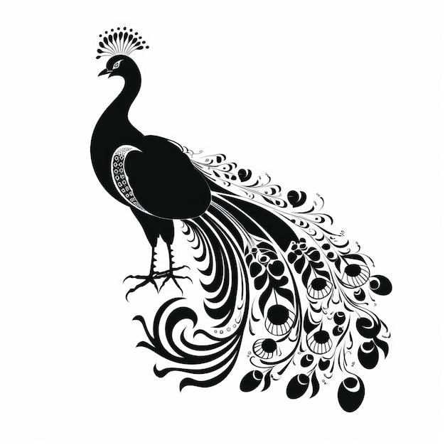 Photo a silhouette black and white peacock with a crown on its head