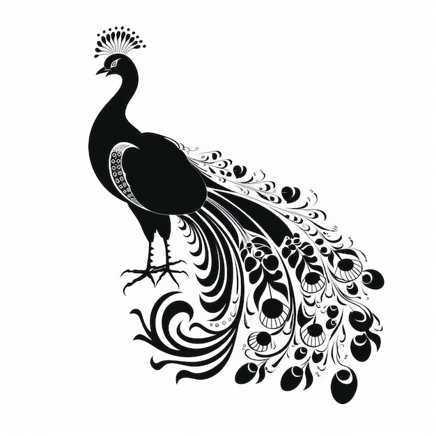 A silhouette black and white peacock with a crown on its head