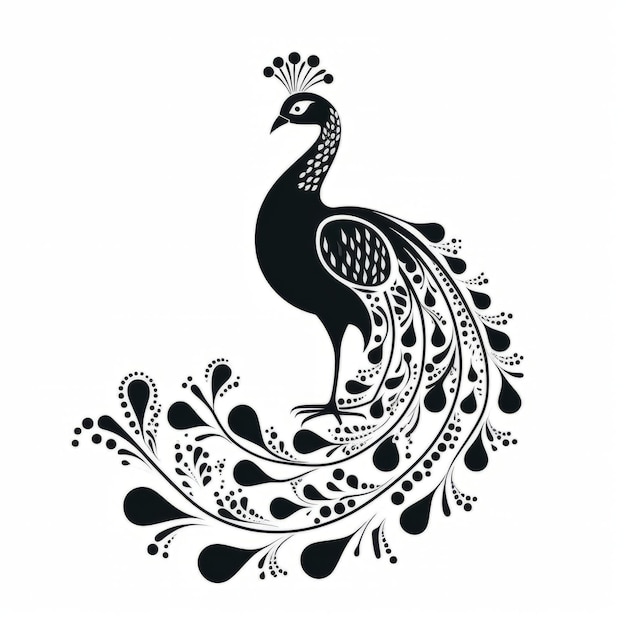 A silhouette black and white peacock with a crown on its head
