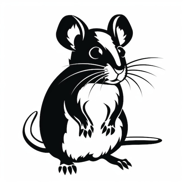 A silhouette black and white rat with a long tail