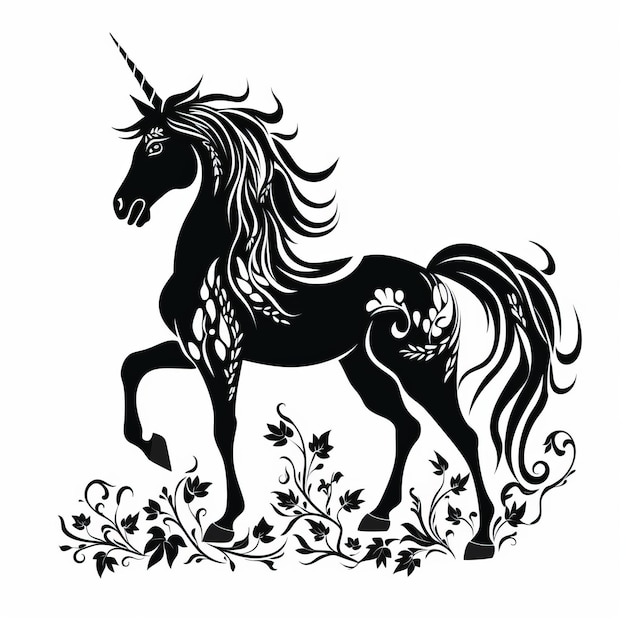 A silhouette black and white of a unicorn