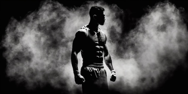 Silhouette of a boxer standing on a dark background and smoke