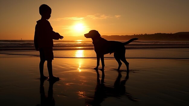 Foto silhouette di un ragazzo e un cane che giocano sulla spiaggia all'alba