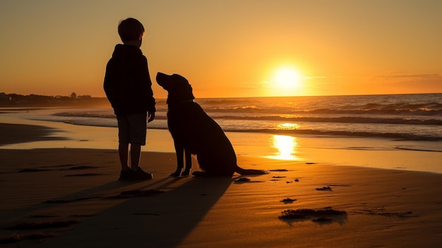 Foto silhouette di un ragazzo e un cane che giocano sulla spiaggia all'alba