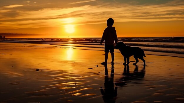 Foto silhouette di un ragazzo e un cane che giocano sulla spiaggia all'alba