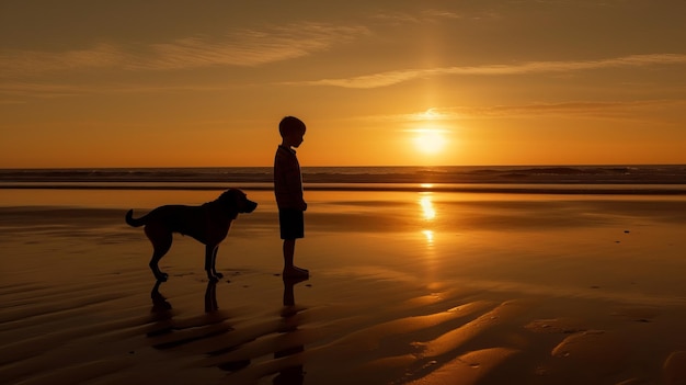 Foto silhouette di un ragazzo e un cane che giocano sulla spiaggia all'alba
