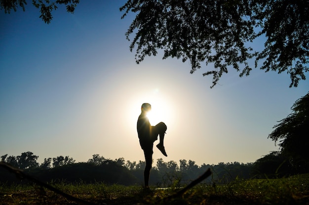 Silhouette of a boy doing taekwondo kicks practice in park near sun and river