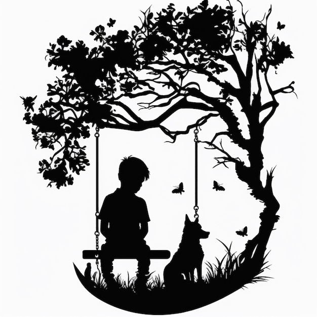 silhouette of a boy and his dog sitting on a swing generative ai