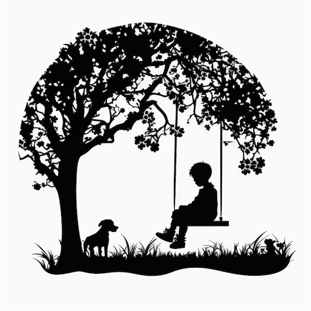 silhouette of a boy sitting on a swing with a dog under a tree generative ai