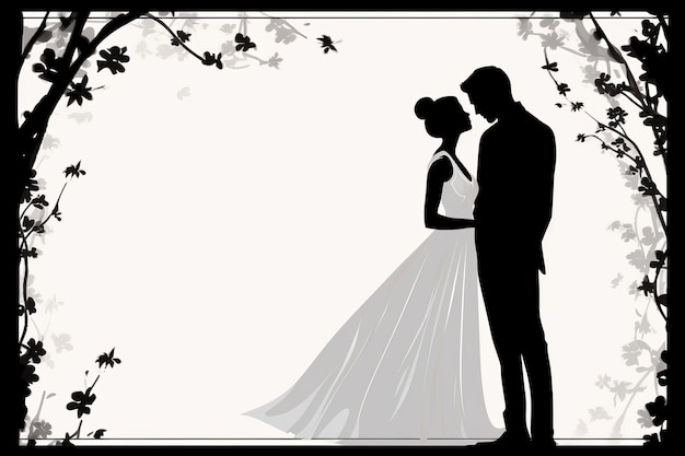 Foto una silhouette di una sposa e uno sposo davanti a un albero