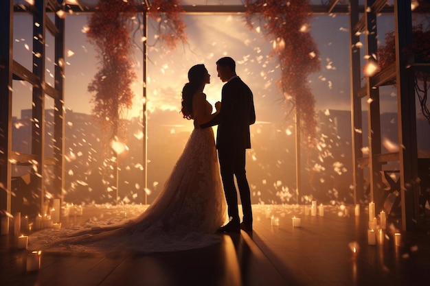 a silhouette of a bride and groom in front of a window with the backdrop of fireworks behind them.