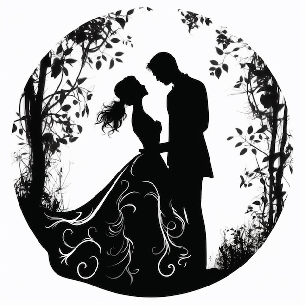 Photo a silhouette of a bride and groom in a wedding dress standing in a forest generative ai