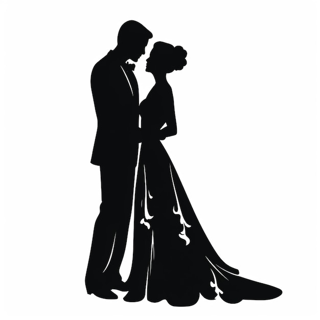 Photo silhouette of a bride and groom in a wedding dress and tuxedo generative ai