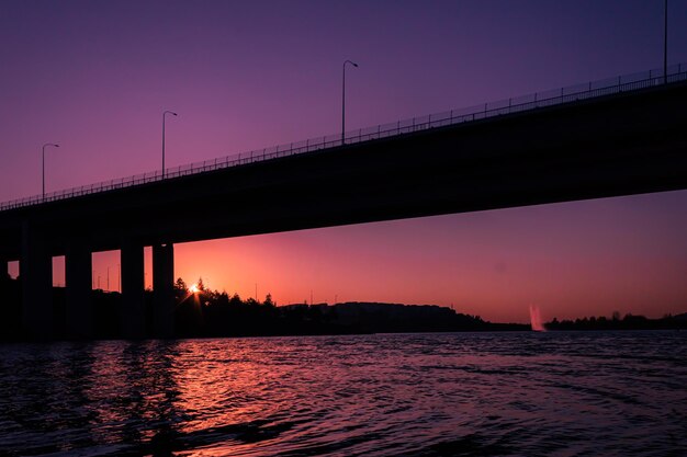 Silhouette bridge over river against romantic sky at sunset