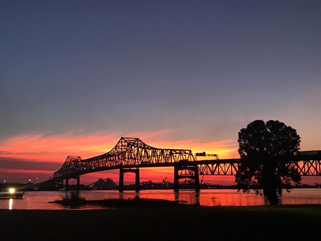 Silhouette bridge over river against sky during sunset