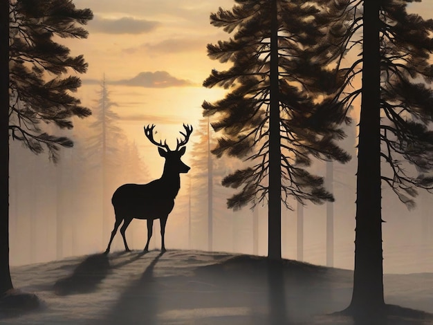 Photo silhouette of buck deer near pine tree