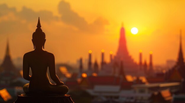 Photo silhouette of buddha on golden temple sunset background travel attraction in thailand