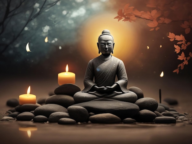 Silhouette of the Buddha in the lotus position against the background of light and candles