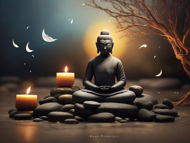 Silhouette of the Buddha in the lotus position against the background of light and candles