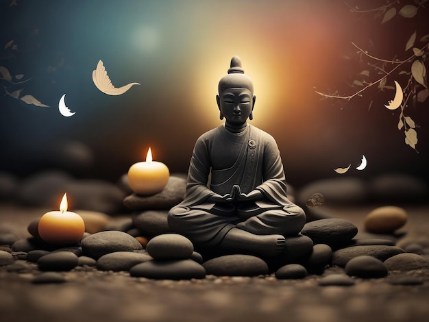 Silhouette of the Buddha in the lotus position against the background of light and candles