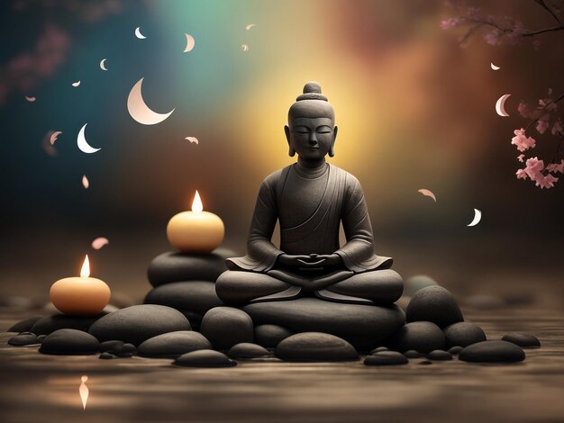 Silhouette of the Buddha in the lotus position against the background of light and candles