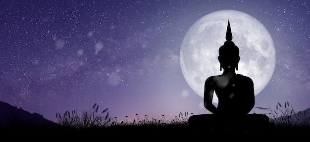 夜の満月の光を仲介する仏のシルエット。マガプジャ、アサンハプジャ、ビサカプジャの日。仏教の休日の概念。