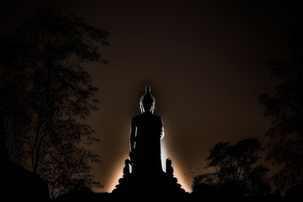 A silhouette of a buddha statue in the dark