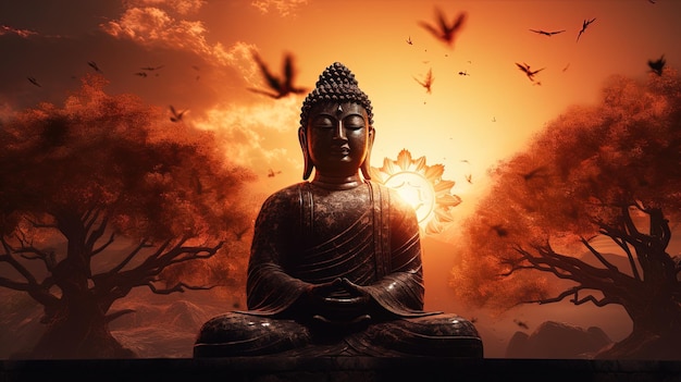 Silhouette of a Buddha statue with a sunset generated by AI