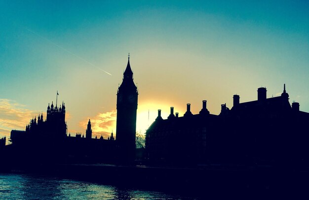 Silhouette of buildings at sunset