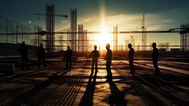 Silhouette of business people on construction site with cranes in backgroundgenerative ai