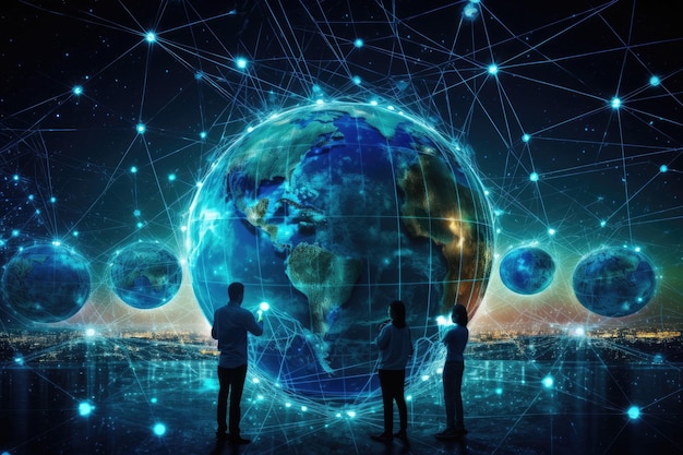 Silhouette of business people looking at global network connection concept 3D rendering Communication technology for internet business Global world network and telecommunication AI Generated