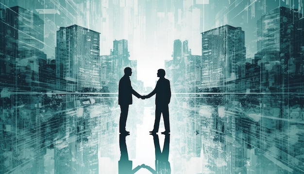 Silhouette business people shaking hands Double exposure Cityscape Illustration