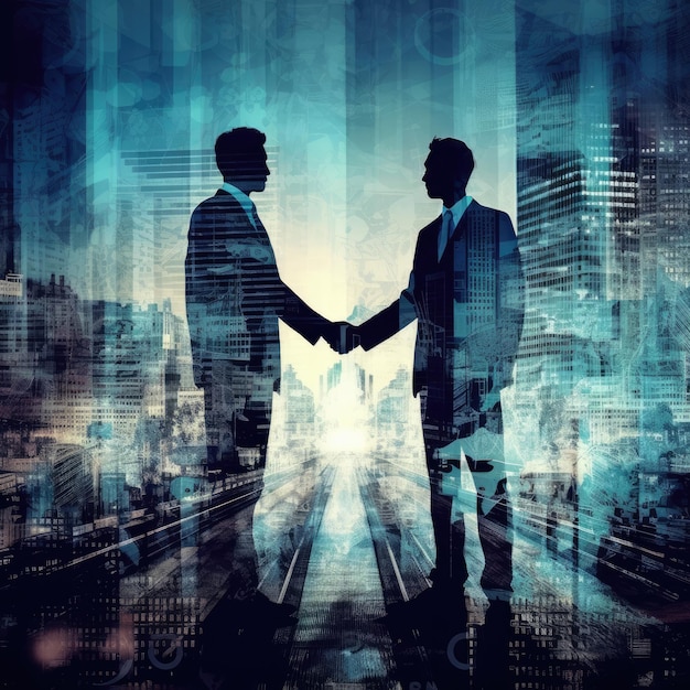 Silhouette business people shaking hands Double exposure Cityscape Illustration
