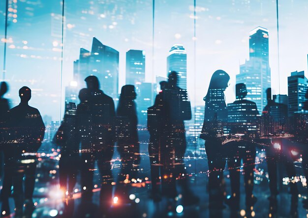 Photo silhouette of business people work together in the office double exposure with highrise modern city